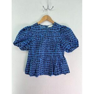 Pinch Blue Patterned Puff Sleeve Blouse